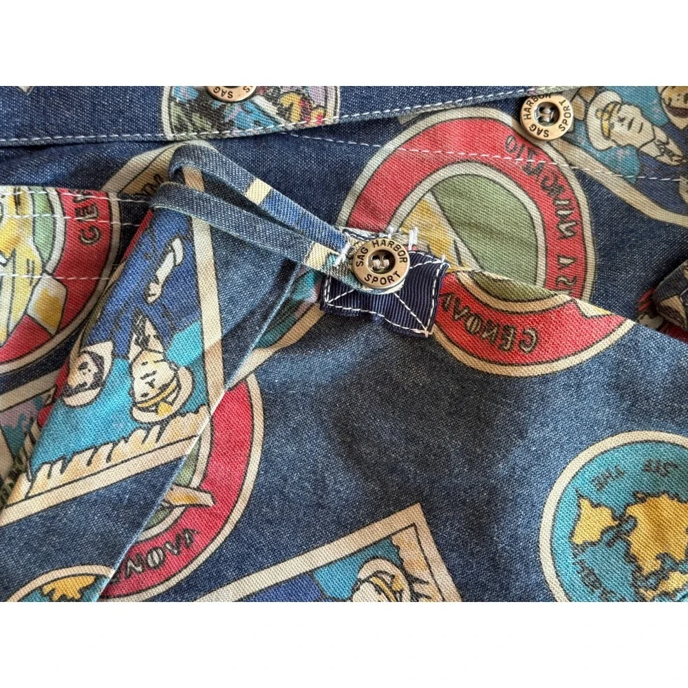 Sag Harbor Sport Petite Vintage Travel Postcard Print Denim Shirt RARE FIND